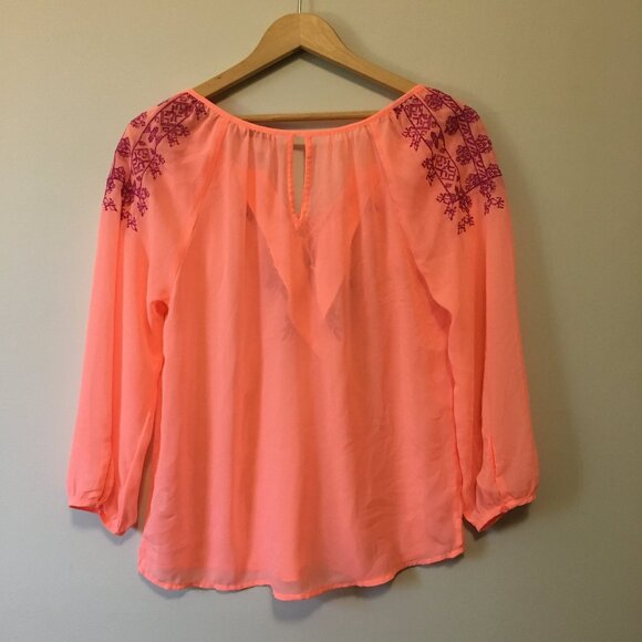 American Eagle Sheer Neon Orange Pink Bohemian Blouse - Picture 3 of 14